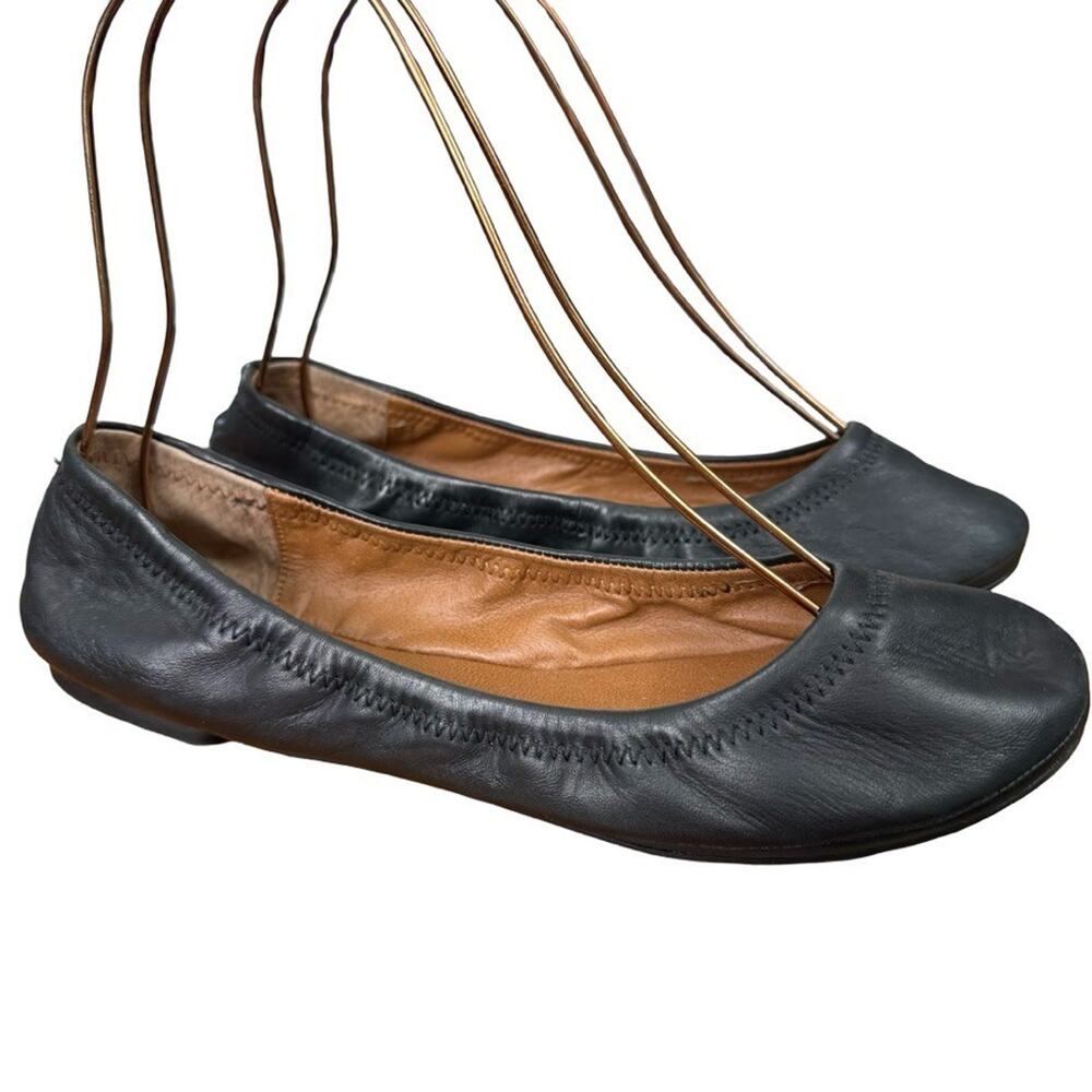 Lucky Brand Emmie Black Leather Ballet Flats Slip On Round Toe Shoes sz 7.5 W